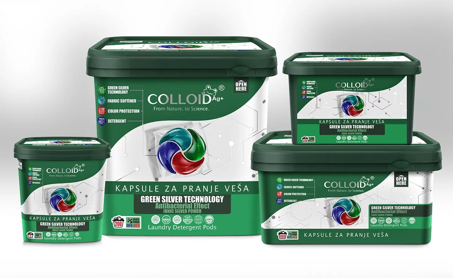 Colloid Pods kapsule za pranje veša u kantama različitih veličina